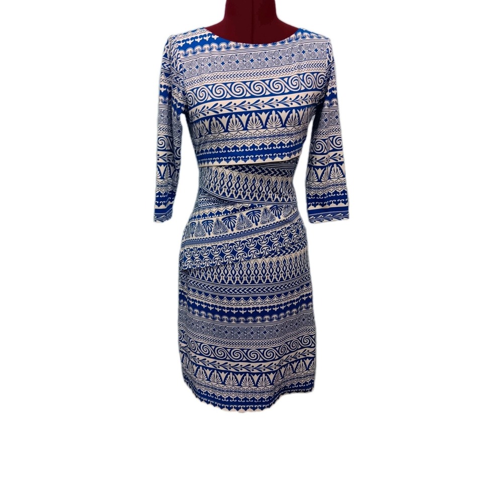 J McLaughlin Dress Size‎ Small Blue White Print 3/4 Sleeve Greecian Catalina